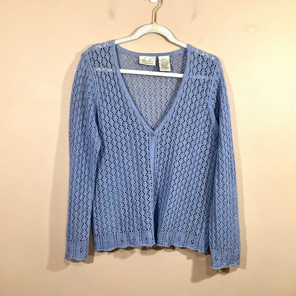 VTG Kathie Lee Crochet Cardigan L Blue 90s Fairy Coastal Boho Festival Hippie
